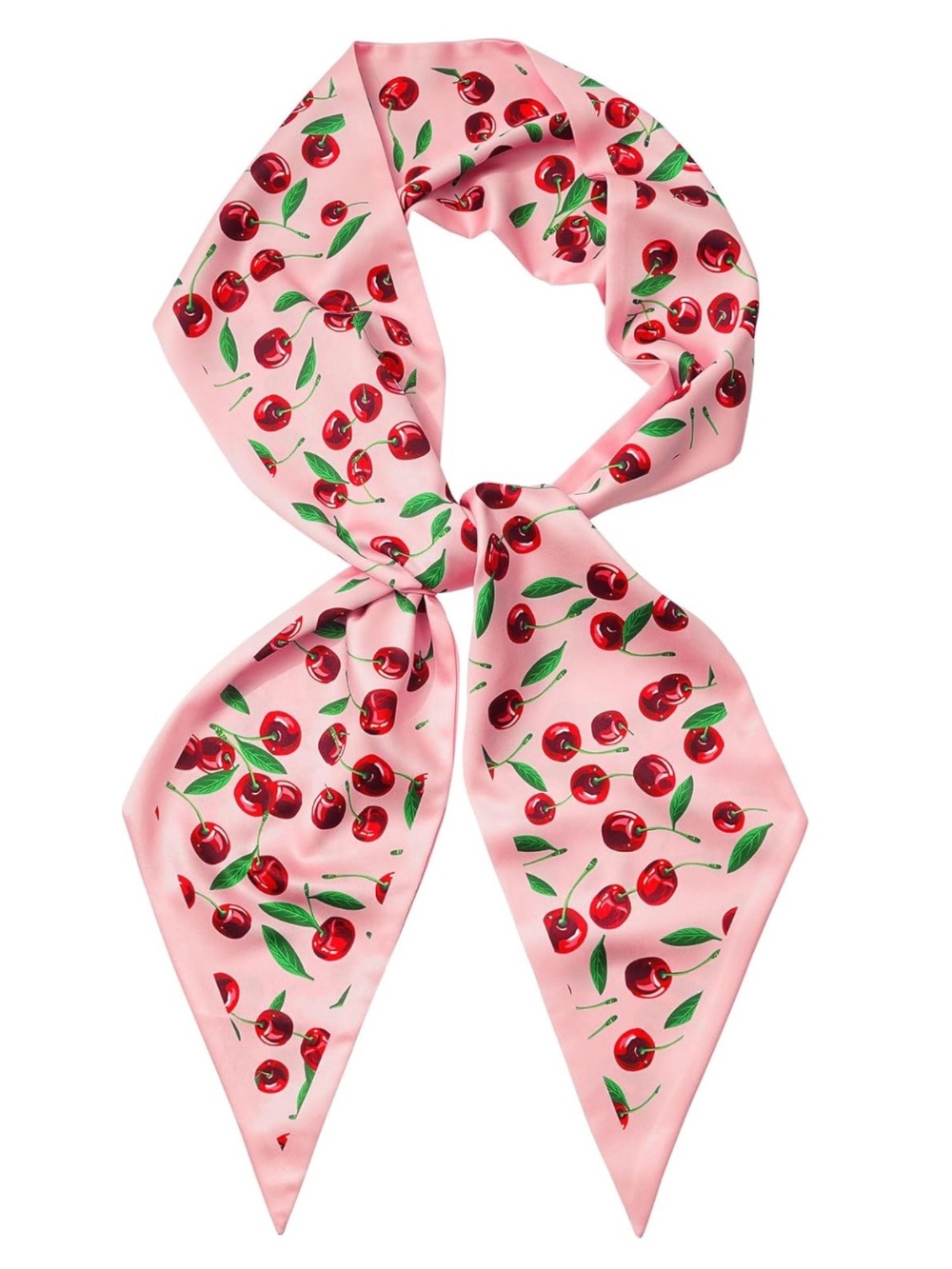Pink Cherry-Print Satin Hair Scarf